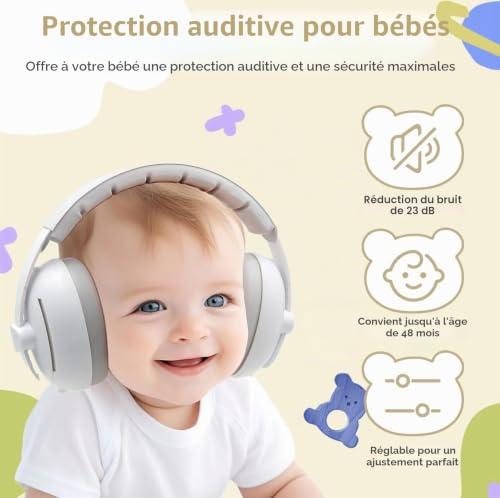 Robofun Casque Anti Bruit Bébé, 2 en 1 Casque Anti Bruit Pour Bébés et Tout-Petits Jusqu'à 48 Mois, Protection Auditive, Réglable, Amélioration du Sommeil, Avion, pour la Vie&les Fêtes - Blanc – vue 2