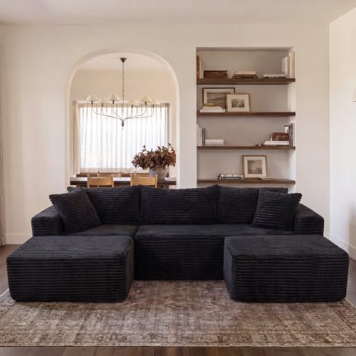 Image of Claiks 94 inch Boneless Couch, U-Shape Corduroy Sectional Sofa, Black