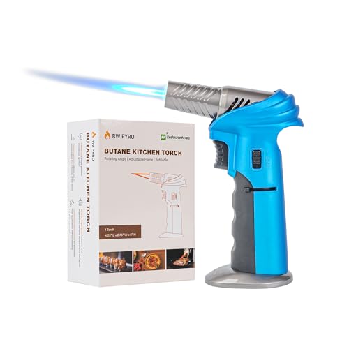 Restaurantware - RW Pyro Creme Brulee Torch With Adjustable Flame, 1 Refillable Culinary Blow Torch - Butane Gas Tank Not Included, Rotating Head, Blue Kitchen Torch, Security Lock, For Cooking, BBQ
