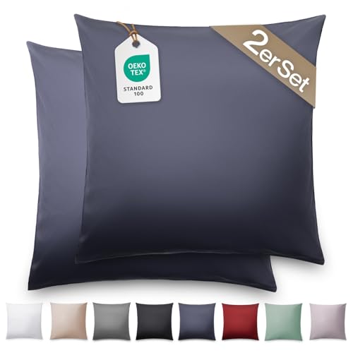 Blumtal Mako Satin Kissenbezug 80x80 Baumwolle Dunkelblau - 2er Set Kissenbezüge aus 100% Baumwolle - edle Glanzoptik & Reißverschluss - Satin Kissenbezug für Kopfkissen 80x80 & Sofakissen