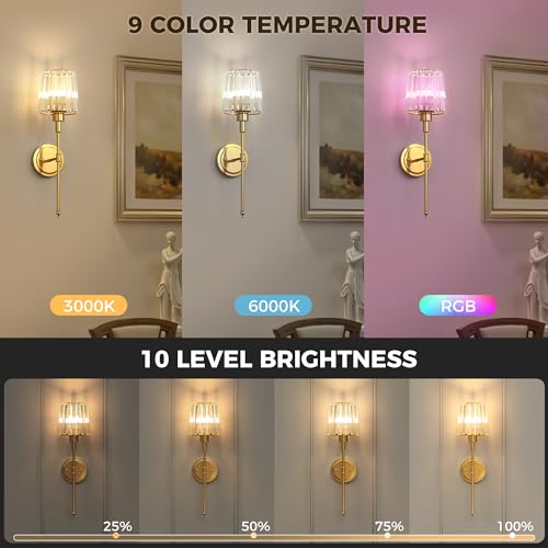 Image of DORESshop Battery Operated Wall Sconce Set of 2, Wireless Wall Light, 15 Color Rechargeable Wall Sconces, Sconce Wall Decor Set of 2 for Bedroom, Living Room, Gold and Crystal, 24.6in