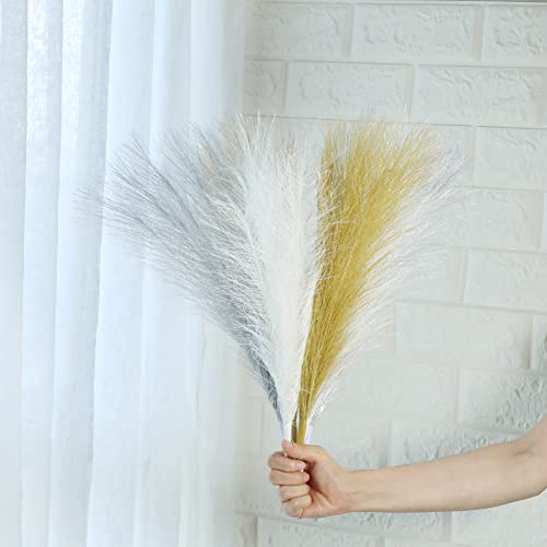 Faux Pampass Grass Glow In Light，Pampass Grass That Glistens In The Light，18In Pampass Grass Decor , 6Pcs Dried Pampass Grass Small,For Home Decor, Boho Decor (2Pcs Gold+2Pcs Silver+2Pcs White) #TOP1