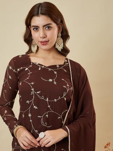 Image of MOKOSH Women's Georgette Short Kurti Palazzo with Dupatta | Short Kurti Set |Ethnic Kurta Set for Women | Sweetheart Neck Full Sleeve | Indian Kurta Outfit With Palazzo Pants
