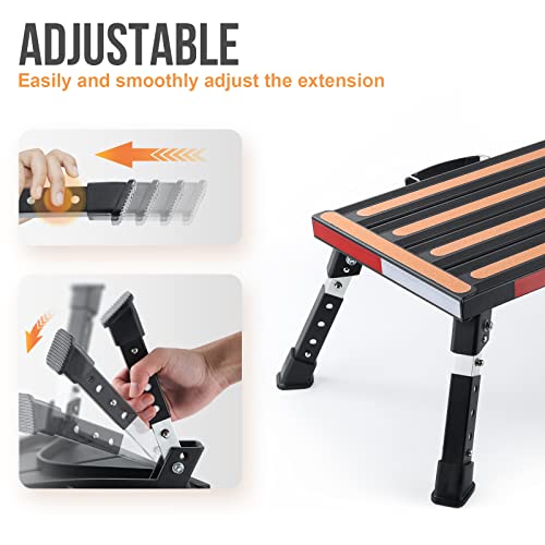 Image of Safety RV Steps, Yagud Height Adjustable Folding Platform Step with 17 inch X 12 inch Anti-Slip Surface, Rubber Feet, Handle, Reflective Strips, and T Level, Aluminum RV Step Stool Supports Up to 1000lbs