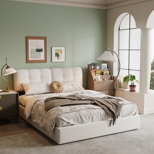 LONELYO Bett mit Bettkasten, 140 x 200 cm, mit LED RGB 7 Farben & Hydrauliksystem – Samt, hellbeige, gepolstert, geräumige Aufbewahrung & Lattenrost – modernes Design