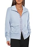 Fisoew Women's Zip up Sweatshirt Collared Neck Long Sleeve Loose Casual Lightweight Jacket with Pockets