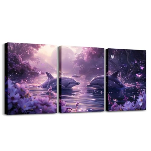 Toile murale dauphins triptyque violet, le cadeau idéal pour gâter une fille ou une femme
