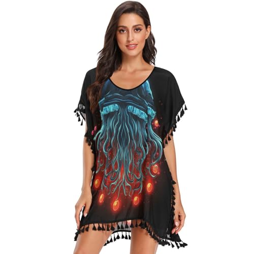 Christmas Style Animals Jellyfish Women's Beach Cover Up Chiffon Tassel Swimwear Swimsuit Coverups for Girl