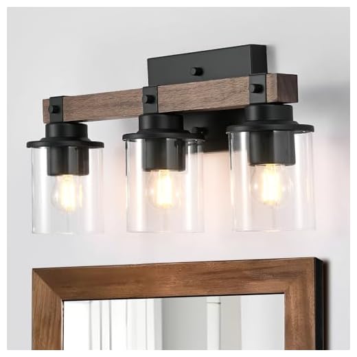 GZBtech 3-Light Wood Vanity Light Fixture Over Mirror, Farmhouse Rustic Wall Light with Clear Glass & Black Matte Metal for Bathroom Living Room, Hallway