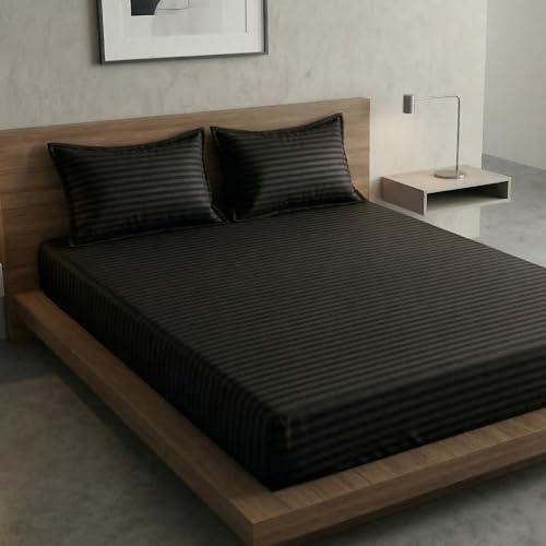 Image of Home Sizzler Microfibre Black Satin Stripe Double Bedsheet with 2 King Size Pillow Covers