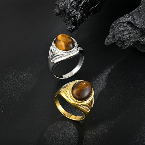 Men's Tiger Eye Oval Signet Ring, Nature Stone Stainless Steel Thumb Rings for Men Jewelry Gift for Him, Size 7-134