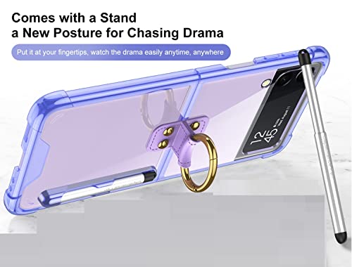 Image of Midkart Anti-Shatter Ring Holder Cover with Retractable Pen and Pen Holder Compatible with Samsung Galaxy Z Flip 3 Soft Sides with Anti-Yellowing PC Airbag Corners Case, Transparent & Semi-Purple