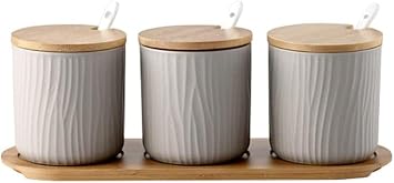 Porcelain Condiment Jars, Seasoning Boxes with Spoons and Wooden Cover, Ceramic Sugar Bowls with Lid, Condimern Container for Kitchen, Pack of 3,C