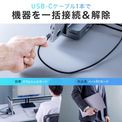サンワダイレクト USB-C ドッキングステーション HDMI 2画面 4K スタンド型 PD100W USBC×1/USBA×4 LAN 3.5mm SD/microSD Mac/Win対応 400-VGA029