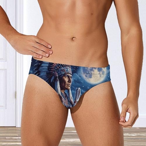 Native USA Indian Moon Wolf Men's Swimming Trunks Briefs Beach Swimwear Low Rise Bikini Swimsuit Print Bathing Suit4