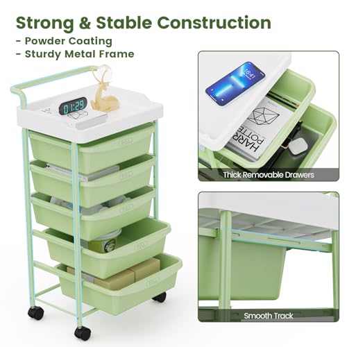 Rolling-Storage-Cart-with-Drawers-Utility-Cart-with-5-Drawers-and-Tabletop-5-Tier-Utility-Cart-on-Wheels-Multipurpose-Storage-Drawer-Cart-Organizer-with-Lockable-Wheels-for-Home-Office-School-Green Rolling Storage Cart with Drawers Utility Cart with 5 Drawers and Tabletop 5 Tier Utility Cart on Wheels Multipurpose Storage Drawer Cart Organizer with Lockable Wheels for Home Office School Green