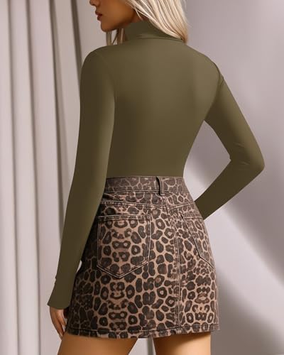 Image of MANGOPOP Women's Mock Turtle Neck Long Sleeve Tops Bodysuit Jumpsuit, Long Sleeve Army Green, Large