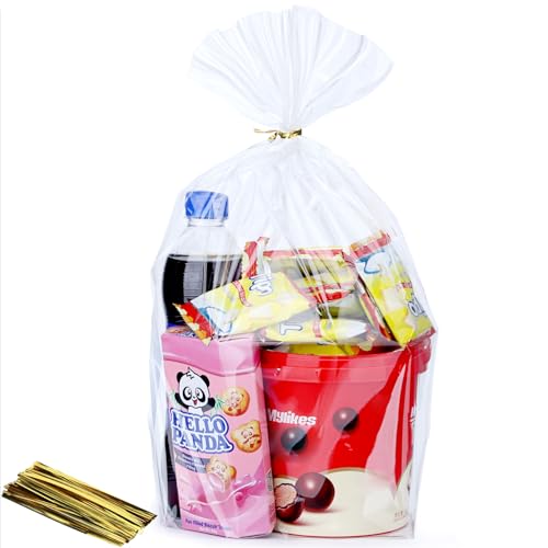 ZIMCEMS 50Pcs 12X16 inch Bottom Gusset Bags Clear Cellophane Gift Wrap Wrapping Plastic Large Cello Bags for Party Favors Treats Mug with 5 Twist Ties