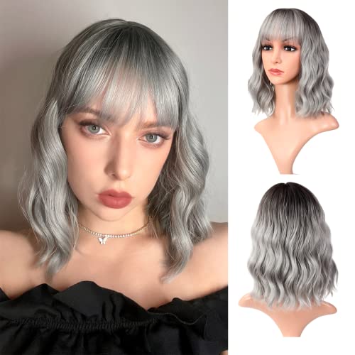 Vroosar Shoulder Length Wavy Wigs With Air Bangs Curly Short Bob Wig Natural Dark Root Ombre Grey Wigs for Women Synthetic Cosplay Wigs for Girls(12 , Ombre Grey)