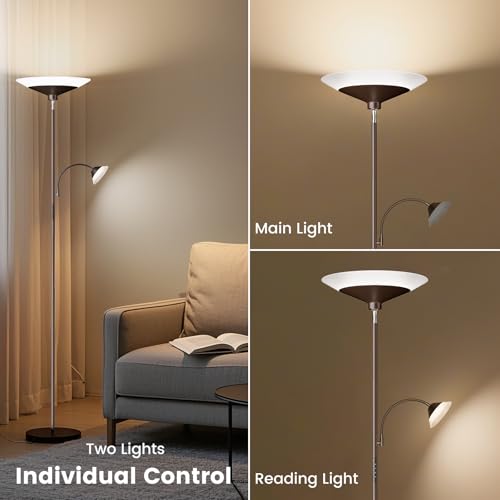 Image of SIBRILLE Brown Torchiere LED Floor Lamp - 72 inch Rotating Standing Lamp with Remote, 34W Dimmable Floor Light with Color Changing, Tall Bright Corner Lamp for Reading Living Room Bedroom Office