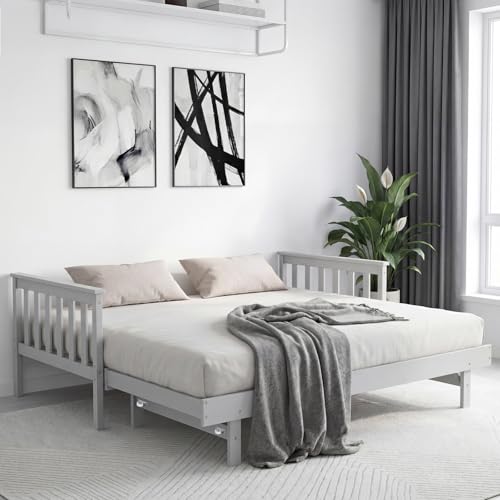 Panana Wooden Daybed With Trundle Bed Twin Size Bed For Bedroom Living Room (Grey) - 6