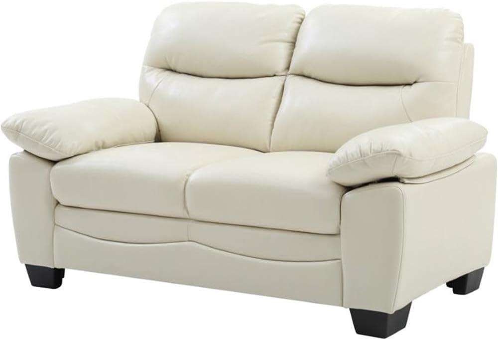 Pemberly Row Faux Leather Loveseat, Pearl Finish, Pocket Coil Spring Seating, Medium Firmness, Tufted Pub Back, Padded Arms, Block Feet, 59" W x 33" D x 35" H, Living Room Seating for 2