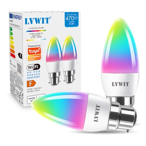 LVWIT B22 Smart Candle Bulb Bayonet, RGB Color B22 Dimmable Bulbs,Music Sync WiFi Bulbs, 470Lm, 4.9W Compatible with Alexa, Echo and Google Home, Smart Candle Light Bulbs (Pack of 2)