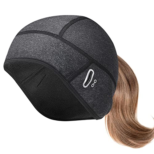 Lmsoed Fahrrad Mütze Damen, Helm-Unterziehmütze mit Brillen & Zopf Loch Winddichte Wasserdicht Wintermütze Warm Laufmütze für Radfahren Laufen Outdoor(ohne Brillen) Asche Cover