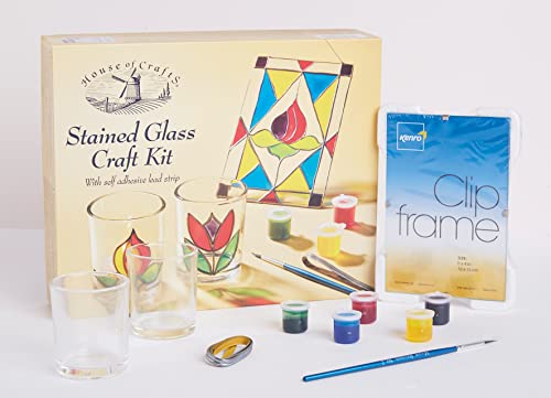 House of Crafts Buntglas-Bastelset, Einzel-Bastelset, Mehrfarbig, inklusive 2 Glas-Votivkerzen, Glas-Sonnenfänger, Selbstklebender Bleistreifen, 5 Glasfarben, Pinsel, Saugnapf, Anleitung/Muster