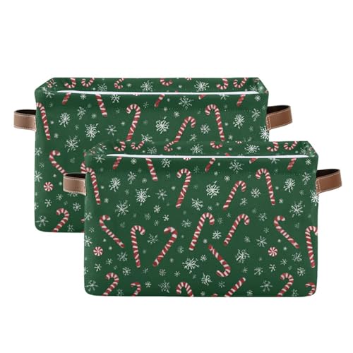 Image of Wamika Christmas Green Storage Basket with Waterproof Liner and PU Handles Winter Candy Cane Snowflake Storage Boxes 14.2 inch Collapsible Decorative Organizer Baskets for Bedroom Closet Office 2 Pack