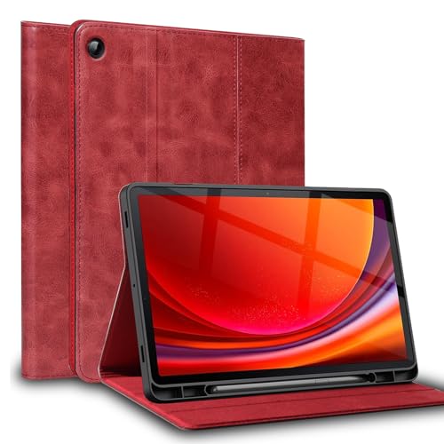 Coque cuir véritable Galaxy Tab A9 rouge avec porte-stylet pour le bureau