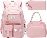 Hidds School Backpack for Teen Girls Women College Laptop Backpacks Kids Cute Bookbag Set with Lunch Box Pencil Case Elementary Middle High Campus Bag 3 Pcs Students Bookbags Sets Travel Daypack-Pink