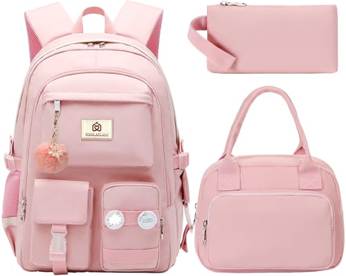 School Backpack for Teen Girls Women College Laptop Backpacks Kids Cute Bookbag Set with Lunch Box Pencil Case Elementary Middle High Campus Bag 3 Pcs Students Bookbags Sets Travel Daypack-Pink