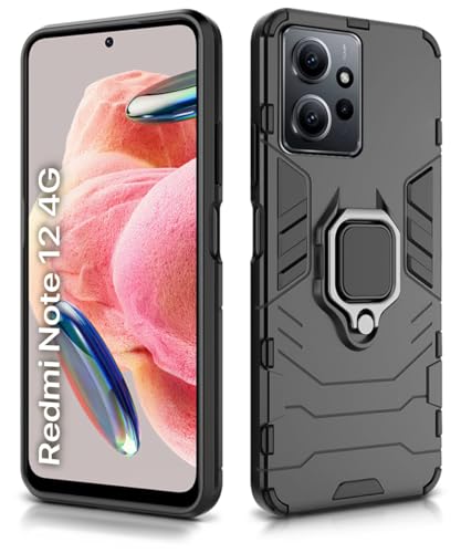 Image of WOW IMAGINE Shock Proof Back Case Mobile Cover for Xiaomi Redmi Note 12 4G | Back Cover Case (Tough Armor | Hybrid PC + TPU | Ring Holder & in-Built Kickstand | Black)