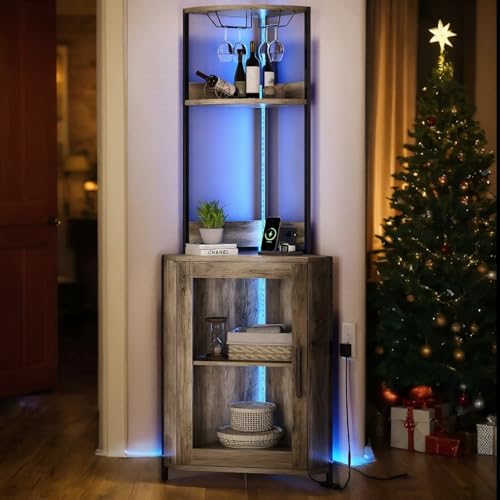 YITAHOME Corner Wine Cabinet with Power Outlets & LED Lights,