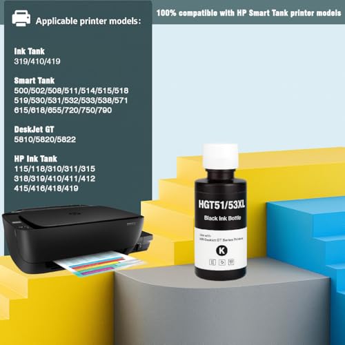 Image of KOSH Refill Ink Bottle Compatible for HP Deskjet 5810,5811,5820,5821,5822, Inktank Wireless 310,315,316,319,410,415,416,419,Smart Tank 115,500,510,515,516,720,750,790 Printers (1, GT53XL 135ML)