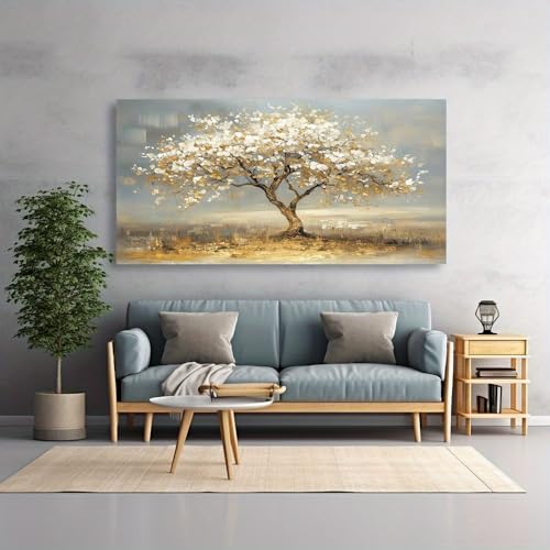 Tableau abstrait arbre doré d'art mural luxueux avec cadre intérieur 70 x 160 cm