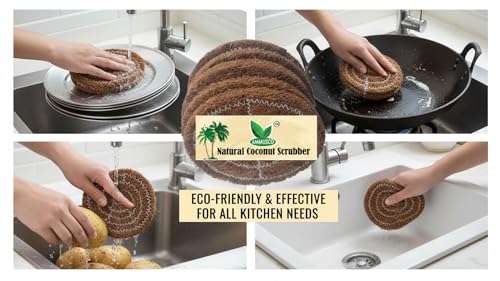 Image of Coir Scrubber for Utensils (Pack of 10) | Natural Coconut Fiber Kitchen Scrub Pads | Heavy Duty Dishwashing Scrubber | Eco-Friendly, Biodegradable & Plastic-Free
