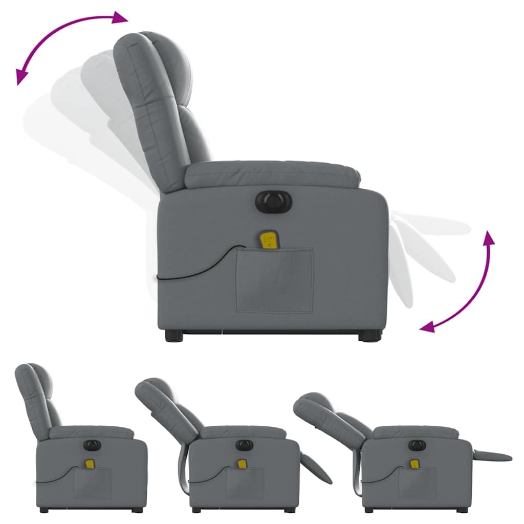 Sillón elevador eléctrico reclinable con masaje por vibración, color gris, de piel sintética, 6 puntos de masaje, función elevación e inclinación de 135 grados, estructura estable