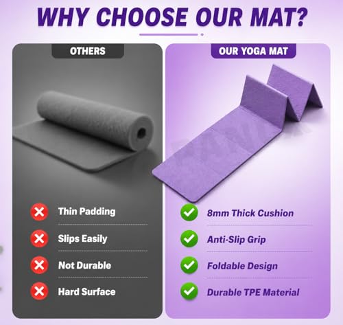 Image of PANCA Folding Yoga Mat for Exercise 8mm Thick Big Size Non Slip Workout Mat for Yoga, Meditation, Pilates, Gymnastics & Home Gym | Foldable Exercise Floor Mat for Men Women Kids (Purple)