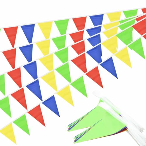 Image of Red Blue Yellow Green Pennant Banner Triangle Flag Bunting Garland Decorations for Grand Opening Wedding Kids Birthday Baby Shower Outdoor Garden 60Feet 64 pcs