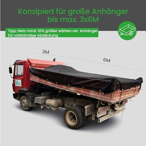 CargoVA® siatka na przyczepę o drobnych oczkach 3 x 6 m  czarna siatka maskująca o drobnych oczkach z gumową linką  do optymalnego zabezpieczenia ładunku