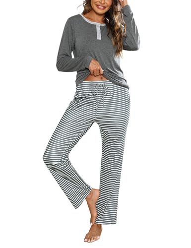 Nieery Pijamas Mujer Invierno Algodón Conjunto Manga Larga Cuello Redondo Camiseta y Rayas Pantalones con Bolsillos