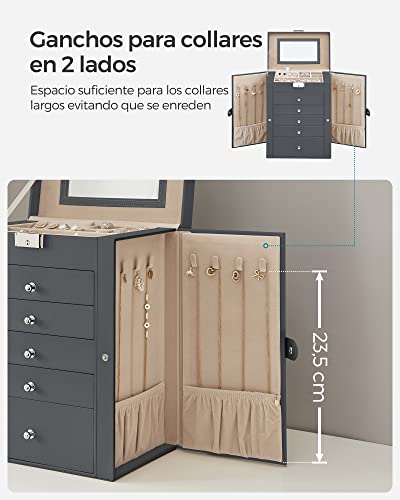 SONGMICS Caja Joyero de 6 Niveles, Caja para Joyas con 5 Cajones, Gran Espacio, Interior con Espejo, Cerradura, Almacenaje de Joyas, Regalo para Seres Queridos, para Relojes, Gris JBC152G01 - imagen 4