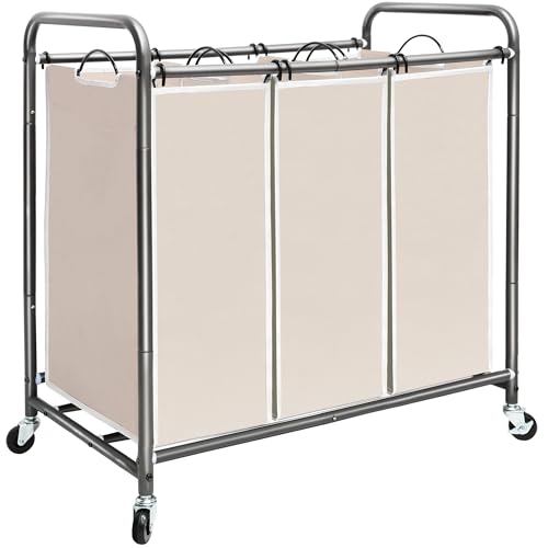Image of STORAGE MANIAC 3 Section Laundry Sorter, 35.6 Gal (135 L) Laundry Hamper Cart with Heavy Duty Rolling Lockable Wheels and Removable Bags, Clothes Organizer Basket Separator Hamper, Beige