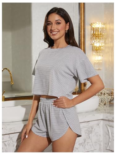 OYOANGLE Women's Two Piece Pajama Set Striped Print Crew Neck Short Sleeve Tee and Side Split Shorts Set3