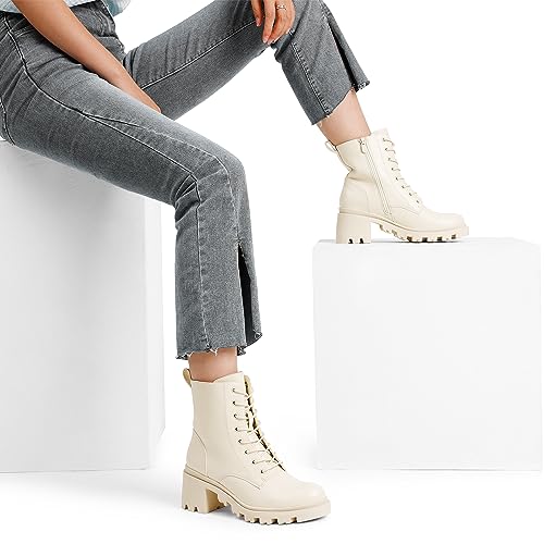 DREAM PAIRS Women's Lace Up Combat Ankle Boots Fashion Low Chunky Heel Lug Sole Fall Heeled Booties Shoes,Size 7.5,Beige,SDAB2317W