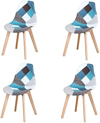 HJhomeheart Lot de 4 chaises de salle à manger en tissu patchwork multicolore avec pieds en bois massif pour salle à manger, salon (bleu)