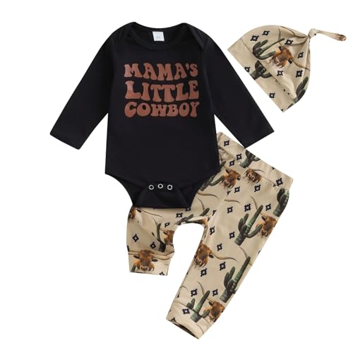 Baby Boy Cowboy Outfit Newborn Western Country Boy Clothes Cow Print Letter Bodysuit+Long Pants+Cap 3pcs Fall Clothes (A-Black, 0-3 Months)