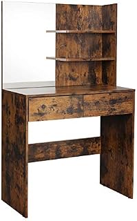 VASAGLE Modern Dressing Table with 2 Drawers, Rectangular Makeup Table with Mirror, Open Shelves and Rounded Corners, for Bedroom, Rustic Brown RDT116X01